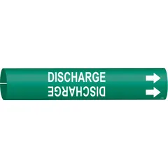 Snap-on pipe marker for identifying discharge lines in industrial piping systems. Green and white design with directional arrows for flow indication. Fits pipes with outer diameter of 4 to 6 inches. Supplied as a single marker.