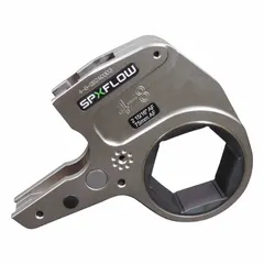 Steel torque wrench cassette with low clearance links and hex drive. Delivers maximum torque of 5,386 N-m (3,975 lb-ft) with a 75 mm max working range. Used for bolting applications in confined spaces where standard wrenches cannot fit.