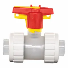 Inline ball check valve with polypropylene body and socket x socket connections. Prevents backflow in piping systems using a ball-type check mechanism. Suitable for standard flow control applications in industrial settings.