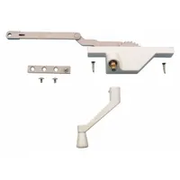 This left-hand window operator is designed for sash mounting on casement windows. It includes a white powder-coated crank handle and has a 5-1/2 inch base length. The operator provides manual opening and closing action for residential or light commercial window applications