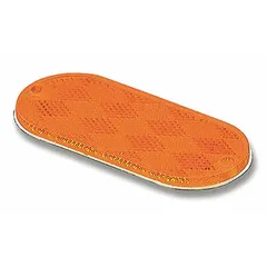 Amber oval stick-on reflector with acrylic construction. Measures 4 3/8 in overall length and 1 7/8 in overall width. Meets SAE A standards for retroreflective performance. Used for vehicle conspicuity and side marking on trailers, trucks, and heavy equipment.