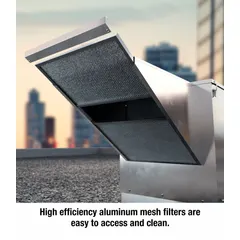 Belt-drive filtered supply fan for roof mounting. Delivers 1,600 cfm at 1/2 in wc maximum static pressure. Includes a 1/2 hp, single-phase, open dripproof motor rated for 115/208-230V AC. Suitable for commercial and industrial ventilation applications requiring filtered supply air.