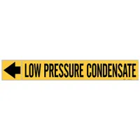 Yellow adhesive pipe marker with black legend reading 'Low Pressure Condensate' and flow direction arrows. Designed for pipes with outer diameter of 1-1/2 to 2 inches. Each roll contains 25 markers. Used to identify low pressure condensate lines in industrial piping systems