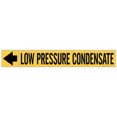 Yellow adhesive pipe marker with black legend reading 'Low Pressure Condensate' and flow direction arrows. Designed for pipes with outer diameter of 1-1/2 to 2 inches. Each roll contains 25 markers. Used to identify low pressure condensate lines in industrial piping systems.
