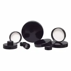 Black phenolic screw cap with a pulp/vinyl liner, designed for standard laboratory bottles. Features a 15-425 mm screw closure size. Provides a secure seal for storage and handling of contents in general lab applications.