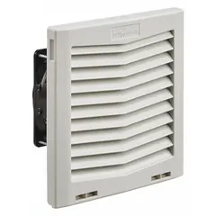 Square axial fan with plastic housing, rated IP54 for protection against dust and water ingress. Delivers 70 cfm airflow at 0.000 in static pressure. Includes mounting hardware. Dimensions: 8 3/16 in height, 4 3/16 in depth. Terminals connection. Suitable for cooling and ventilating electrical enclosures in wet or dusty environments.