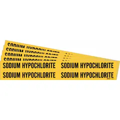 Yellow adhesive pipe marker with black legend reading 'Sodium Hypochlorite' for identifying pipes carrying this chemical. Fits pipe outer diameters from 3/4 to 2-3/8 inches. Sold in packs of 5. Without directional arrows.