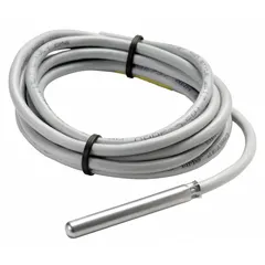 Hardwired temperature sensor with metal housing and no display. Provides single-point measurement with ±0.9°F accuracy over a -40°F to 212°F range. Features a stainless steel sensing element and mounts via remote cable. Suitable for building automation systems monitoring air or surface temperatures in HVAC applications.