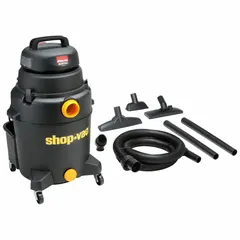 General-purpose wet/dry vacuum with a 10-gallon plastic tank for collecting liquids, dust, and debris. Includes an 8-foot hose with 1-1/2 inch diameter for extended reach. Suitable for cleaning floors, machinery, and work areas in workshops, garages, and industrial facilities.
