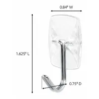 Adhesive-backed utility hook for light-duty hanging. Clear finish. Each hook holds up to 1/2 lb. Overall height 1 5/8 in. 40 hooks per pack