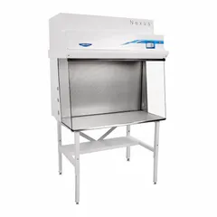 This unassembled clean bench provides a HEPA-filtered, particle-free work area for laboratory procedures requiring a sterile environment. Includes blower, base/stand, and work surface. Overall width 39 3/8 in, depth 33 1/4 in. No UV lighting.