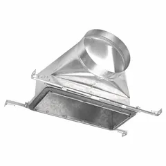This steel vent boot connects round ductwork to a floor or wall register. It features a 90° boot design with an 8-inch diameter, 8-inch height by 8-inch width collar size, and is compatible with a 6-inch register height. Constructed entirely of steel, including cap and collar.