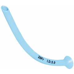 Sterile, disposable nasopharyngeal airway made of blue neoprene. 20 Fr catheter size. Used to maintain a patent airway during anesthesia or emergency care by insertion through the nostril into the pharynx.