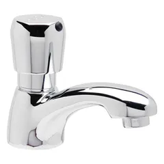 Single-post push-button metering bathroom faucet with low arc design. Constructed of brass with chrome finish. Features spray outlet and 1 gpm flow rate. Includes mounting hardware. Suitable for commercial restroom sinks and lavatories.