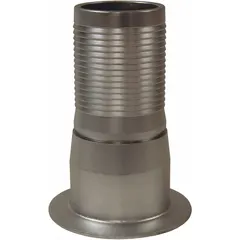 This steel x steel combination nipple features a 2 in hose barb on one end and a 2 in flange on the other, designed for 2 in hose I.D. It is used for multipurpose air, water, and chemical transfer in industrial fluid handling systems, providing a secure connection between hose and flanged components.