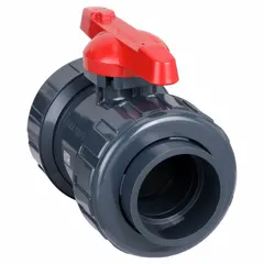 This ASAHI PVC ball valve features a straight body with socket x socket connections for solvent welding. The Tee handle provides manual on/off control, and the valve is rated for 150 psi CWP. Suitable for water, chemical, and corrosive fluid handling in industrial piping systems.
