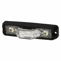 White LED perimeter warning light for vehicles, operating on 12-24V DC. Rectangular shape with 1 5/16 in overall width. Features 29 selectable flash patterns and includes mounting hardware for bolt-on installation. Electrical connection via blunt cut wires