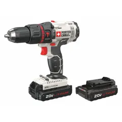 This cordless hammer drill operates on 20V DC and features a 1/2 in keyless chuck, two speed settings, 22.1 ft-lb of torque, and 25,500 bpm. It is suited for drilling into masonry, concrete, and wood in construction and renovation tasks.