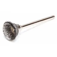 This light-cleaning brush is designed for carbon steel surfaces. It features a crimped steel fill with a 0.005 in fill diameter, a 5/8 in brush diameter, and a 1/8 in shank. Suitable for deburring, edge blending, and surface preparation in confined areas.