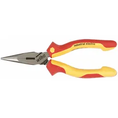 Insulated needle-nose pliers with integrated cutter for electrical work. Overall length 6 3/8 in, jaw length 1 7/8 in, max jaw opening 2 1/8 in. Suitable for gripping, bending, and cutting wire in live-circuit environments up to 1,000 V.