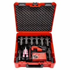 This jaw and ring set is designed for standard press tools, specifically the MaxiPro tool type. It accommodates copper pipe sizes from 1/4 in to 1-1/8 in and includes nine jaws. Suitable for pressing copper pipe connections in plumbing, HVAC, and industrial piping systems.