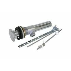 This brass sink drain assembly features a lever-activated stopper for convenient water control. With a chrome finish, threaded connection, and overall height of 8 inches and diameter of 1-1/4 inches, it is suited for kitchen or bathroom sink basins. Includes a grid.
