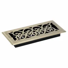 This floor register covers HVAC floor openings with a decorative antiqued brass steel grille. It directs airflow in one direction and has non-adjustable blades. Suitable for supply or return applications where fixed airflow is acceptable.