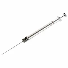 Gastight syringe with a 100 µL capacity, borosilicate glass barrel, and PTFE plunger and tip. Features a removable Small RN hub needle with point style 2. Supplied sterile and individually packaged. Suitable for precise liquid handling in chromatography and analytical chemistry applications.