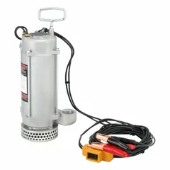 Submersible battery-operated dewatering pump with 12V DC rated voltage for continuous duty. Cast iron volute and impeller, nitrile rubber shaft seal. Handles solids up to 3/8 in diameter, delivers maximum head of 25 ft. Suitable for removing water from flooded areas, construction sites, and sumps where AC power is unavailable.