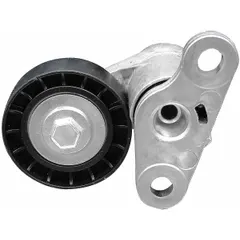 Single-pulley self-adjusting belt tensioner with 2 3/8 in outside diameter. Maintains proper tension in vehicle accessory belt drive systems, automatically compensating for belt stretch and wear.