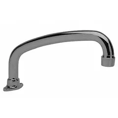 Double-bend faucet spout in chrome-plated brass with aerated outlet and NPT connection. Includes two mounting bolts and nuts. Suitable for commercial lavatory faucet systems requiring a gooseneck-style spout.