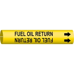 Yellow snap-on pipe marker with black legend 'Fuel Oil Return' and directional arrows. Fits pipe outer diameters of 4 to 6 inches. Used to identify fuel oil return lines in piping systems for clear visual indication in industrial facilities.