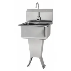 This one-station freestanding hand sink with faucet is AC powered and features a 19-inch bowl length and 10-inch bowl depth. It has a flow rate of 0.5 gpm and does not include a side splash. Suitable for commercial restrooms and healthcare facilities requiring touch-free operation.