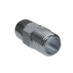 Steel hydraulic hose adapter with male BSPT threads on both ends. Rigid straight configuration for connecting male-threaded ports in hydraulic systems. Fitting size: 1/4 in x 1/8 in.