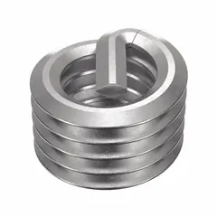 Free-running helical insert with tanged tang for installation. M6-1.00 thread size, right-hand coarse pitch. Made from 18-8 stainless steel with tensile strength 200,000-250,000 psi, length 6.25 mm. Supplied in a 100-piece pack with plain finish. Used to repair or reinforce internal threads in metal components.