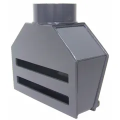 This PVC intake fume hood is designed for use with 4-inch duct diameter ventilation systems. It features two intake slots and a 4 1/2-inch inlet diameter, with a 1/2-inch drain connection. The 12-inch overall length allows for installation in fume extraction setups for laboratory or industrial processes where chemical resistance is required.