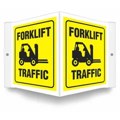 V-shaped projection sign for forklift traffic zones. PETG construction with mounting holes for wall or post attachment. Nominal size 6 in x 8 1/2 in, 0.06 in thick. Not retroreflective, no glow or anti-slip surface. Used in industrial facilities to alert personnel and operators.