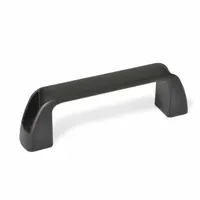 This fixed, non-recessed pull handle is made of black nylon with a matte finish. It has a grip length of 4.26 inches and a grip thickness of 0.31 inches, with threaded holes accepting 1/4"-20 screws. Suitable for use on cabinets, enclosures, and machinery doors