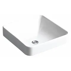 This KOHLER Vox® bathroom sink is made of white vitreous china and measures 16 1/4 inches square. Designed for above-counter mounting, the basin sits atop the counter surface for a modern look. The sink is sold without a faucet, allowing selection of a compatible tap separately. Suitable for residential or commercial washroom handwashing applications.