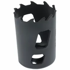 Carbide-tipped hole saw for cutting wood, metal, and plastic. Features 2/3 teeth per inch and a maximum cutting depth of 1-15/16 in. Requires separate arbor with 5/8-18 thread connection.