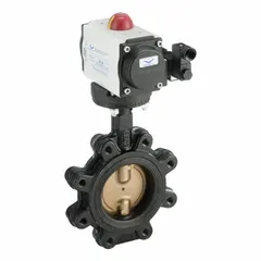 This ductile iron pneumatic butterfly valve is designed for general-service flow control of water media. It operates in an air-to-air configuration and does not include a pilot solenoid. Suitable for on/off or modulating control in industrial piping systems.