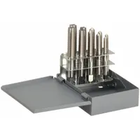 This 10-piece hand tap set includes plug taps in multiple thread sizes for manual internal threading. Made from high-speed steel with H3 tolerance, it is suited for through-hole or blind-hole threading in maintenance, repair, and production work