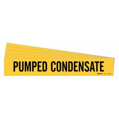 Yellow adhesive pipe marker with black 'Pumped Condensate' legend, designed for pipes 8 inches and larger in outside diameter. Each pack contains 5 markers (1 marker per pack) without directional arrows. Used to identify pumped condensate lines in industrial piping systems.