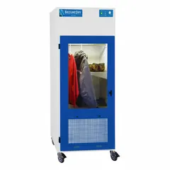 This evidence drying cabinet features a powder-coated polypropylene housing and includes a polypropylene base/stand and work surface. It is used in forensic and laboratory settings for drying evidence items while minimizing cross-contamination.