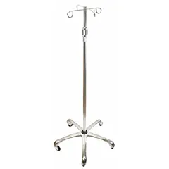 Standard IV pole constructed from aluminum with four hooks for hanging IV bags. Designed for use in medical settings to provide stable intravenous support during patient treatment.