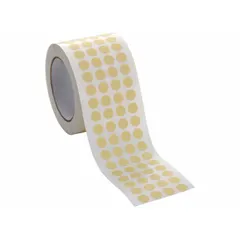 Off-white, pre-cut masking discs with a 2 1/8 in diameter. Acrylic adhesive on crepe paper backing for paint applications. Used to protect surfaces during painting, powder coating, or finishing processes, providing clean edges and preventing overspray.