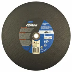 This NORTON Gemini Metal cut-off wheel is a Type 1 general-purpose wheel for cutting carbon and stainless steel. It measures 14 inches in diameter by 1/8 inch thick with a 20 mm/1 inch arbor. The aluminum oxide abrasive at 24 grit provides fast, clean cuts on ferrous metals in fabrication, maintenance, and repair applications.