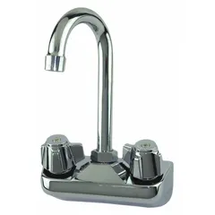This wall-mount centerset bar sink faucet is constructed of brass with a gooseneck spout. It delivers a flow rate of 2 gpm. Suitable for commercial bar sinks, service sinks, or utility areas where a wall-mount configuration is required.
