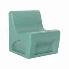 This armless lounge chair features a polyethylene seat in aqua color with a floor mount design. It has a seat height of 19 inches and accommodates one person. Suitable for commercial waiting areas, lobbies, and break rooms.