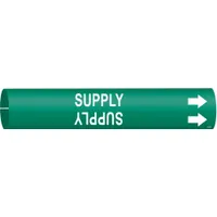 Snap-on pipe marker for identifying supply lines in piping systems. Green background with white legend text reading 'Supply' and directional arrows. Fits pipe outer diameters from 1-1/2 to 2-3/8 inches. Single marker included